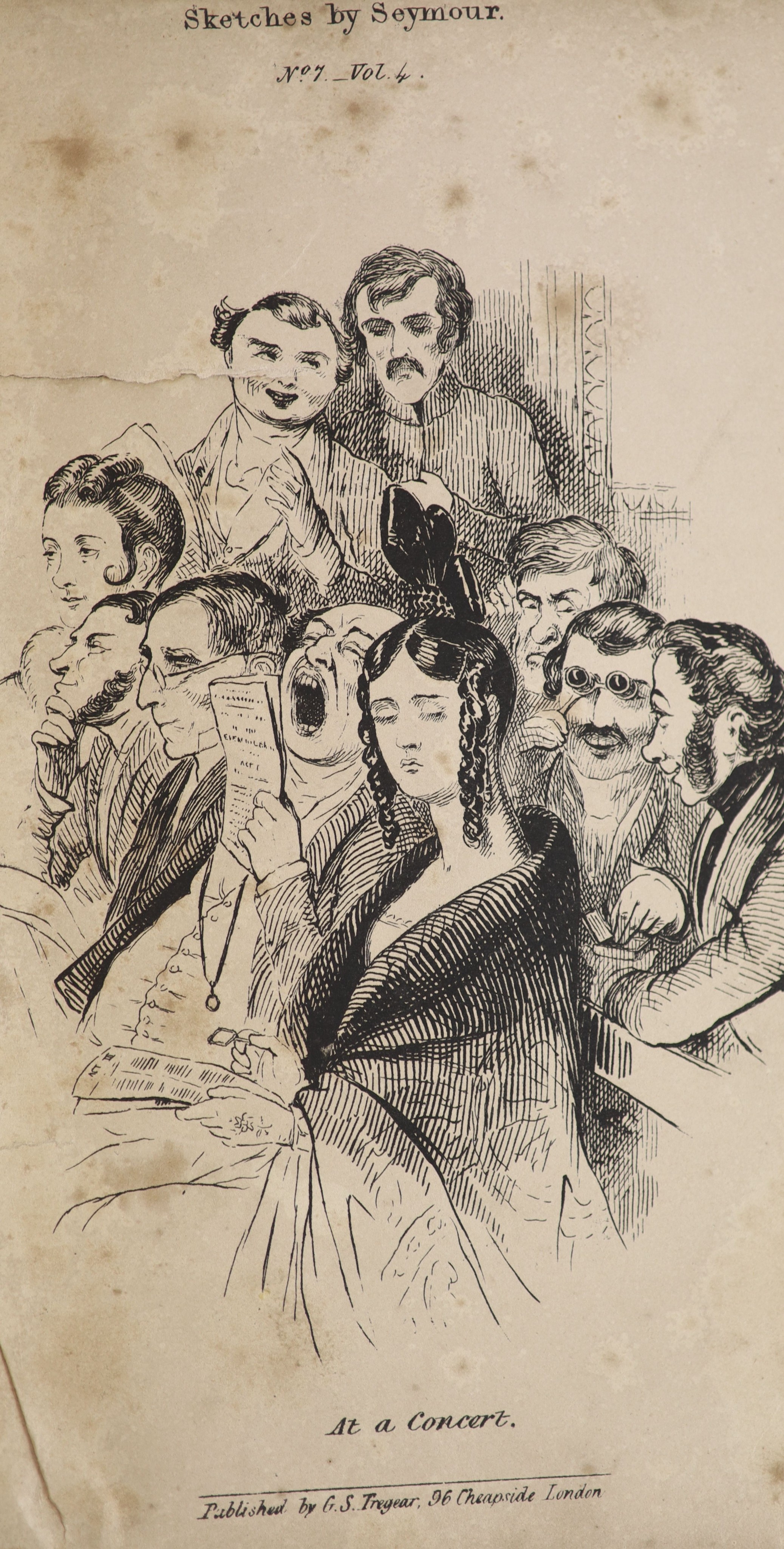 Seymour, Robert - Sketches by Seymour. 5 vols bound in 1. Complete with 180 cartoon sketch plates on variously coloured paper and an illustrated volume title page to each section. Half calf and pebbled cloth, tooled and